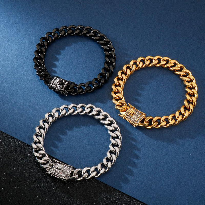 11mm Polished 2-Side Cut Curb Cuban Chain Bracelet with CNC Zircon Lock Button Clap - kalen