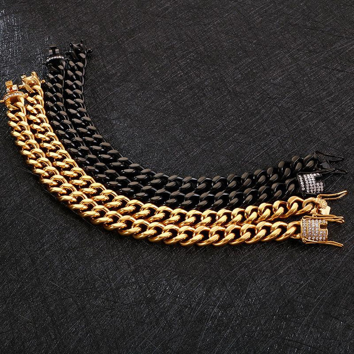 11mm Polished 2-Side Cut Curb Cuban Chain Bracelet with CNC Zircon Lock Button Clap - kalen