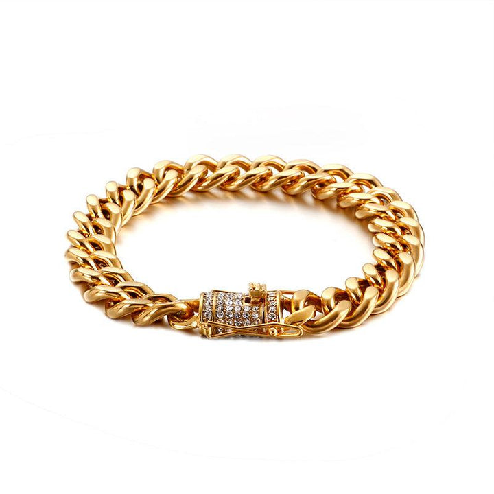 11mm Polished 2-Side Cut Curb Cuban Chain Bracelet with CNC Zircon Lock Button Clap - kalen