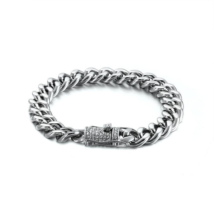 11mm Polished 2-Side Cut Curb Cuban Chain Bracelet with CNC Zircon Lock Button Clap - kalen