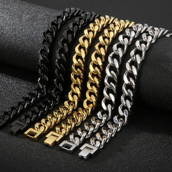11mm Polished 4-Side Cut Curb Cuban Chain Bracelet Necklace with Buckle Clap - kalen