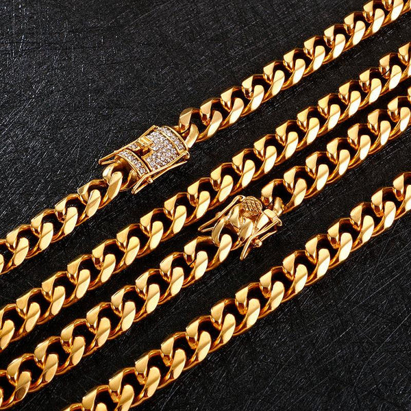 11mm Polished 6-Side Cut Curb Cuban Chain Bracelet Necklace with Zircon Button Lock Buckle - kalen