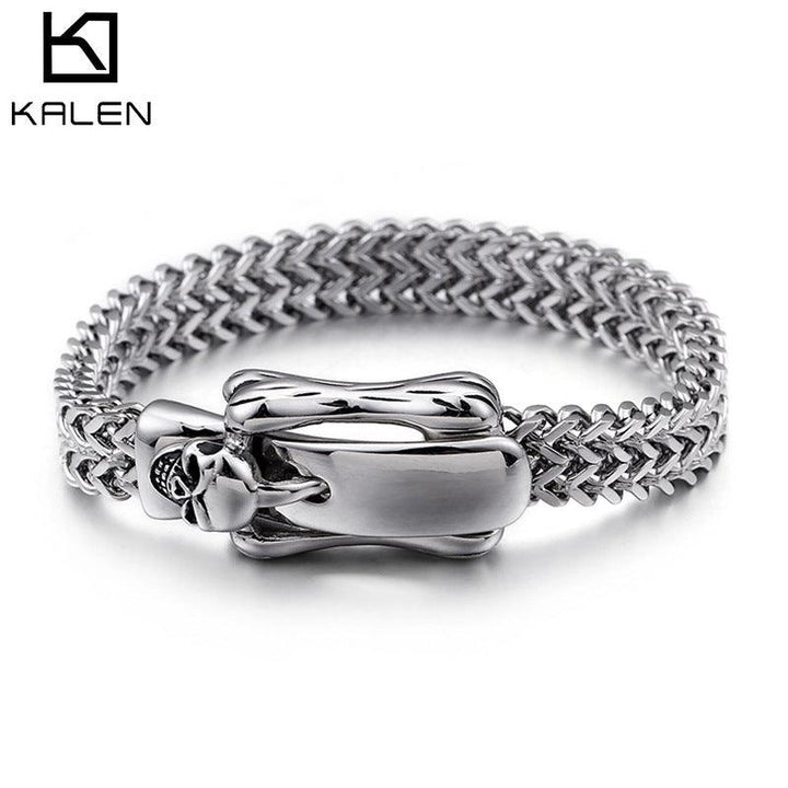 11mm Punk Foxtail Chain Stainless Steel Skull Charm Bracelet for Men - kalen