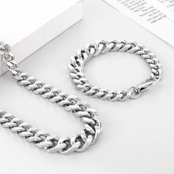 12/14mm Polished 2-Side Cut Curb Cuban Chain Bracelet Necklace Set with Lobster Clap - kalen