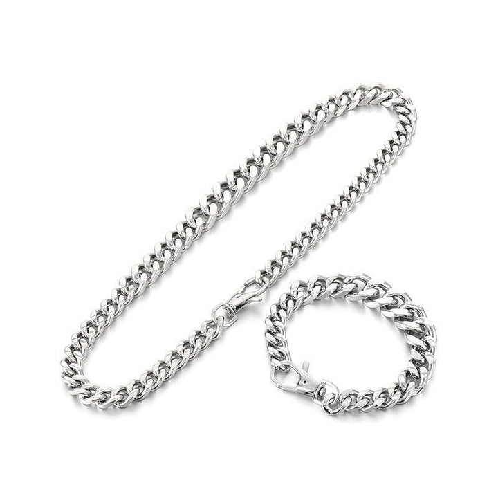 12/14mm Polished 2-Side Cut Curb Cuban Chain Bracelet Necklace Set with Lobster Clap - kalen