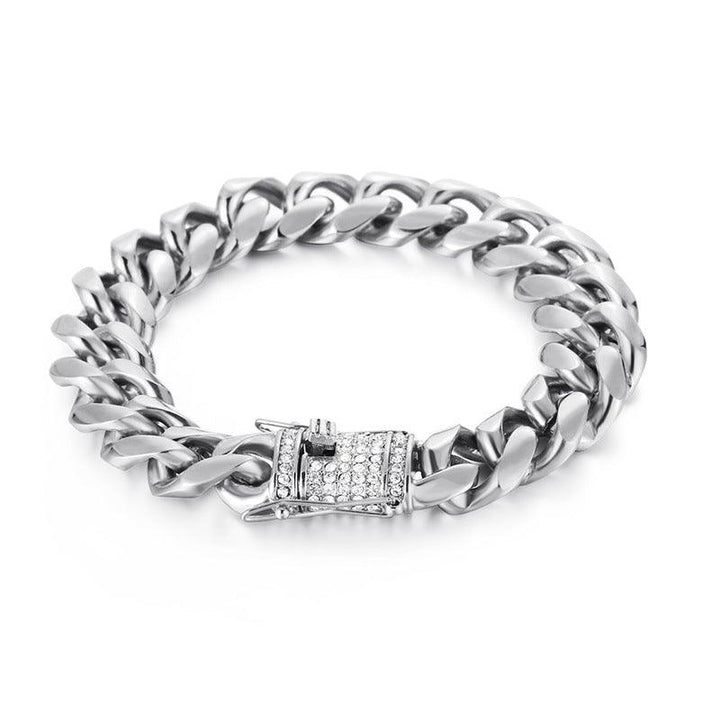 12/15mm Polished Brushed Miami Cuban Chain Bracelet with CNC Zircon Push Button Lock Lobster Clap - kalen