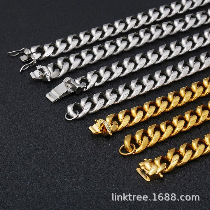 12/15mm Polished Brushed Miami Cuban Chain Bracelet with CNC Zircon Push Button Lock Lobster Clap - kalen