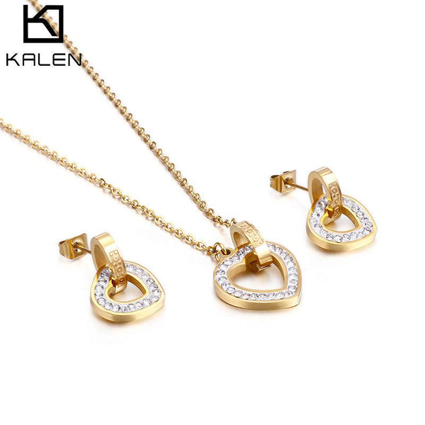 Kalen Stainless Steel Heart Zircon Pendant Necklace Earrings Set Jewelry Sets For Women Fashion Jewelry Wholesale - kalen