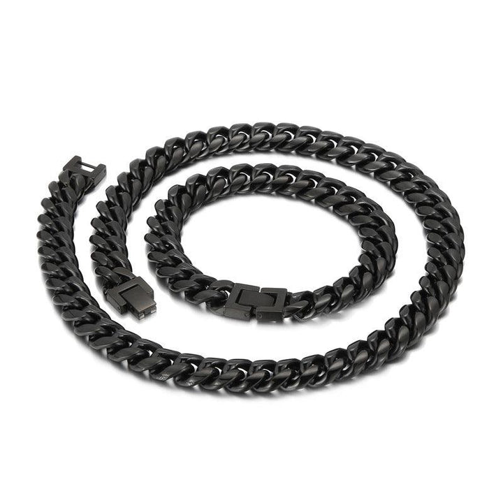 12mm Brushed Black Miami Cuban Link Chain Necklace Bracelet Set With Buckle Clap - kalen