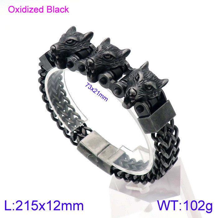 12mm Foxtail Chain Triple Lion Skull Wolf Animal Charm Bracelet for Men - kalen