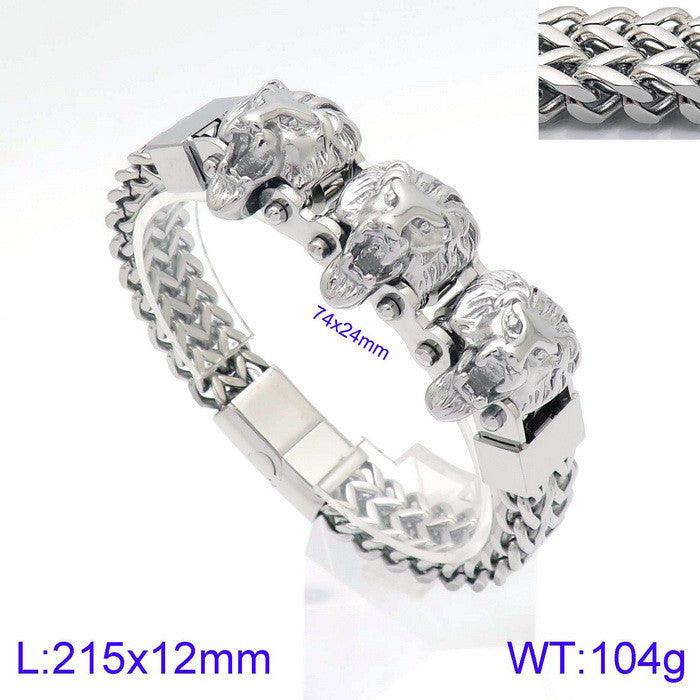 12mm Foxtail Chain Triple Lion Skull Wolf Animal Charm Bracelet for Men - kalen