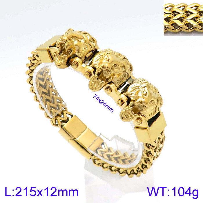 12mm Foxtail Chain Triple Lion Skull Wolf Animal Charm Bracelet for Men - kalen