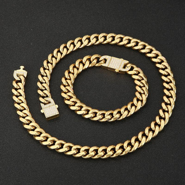 12mm Polished 2-Side Cut Curb Cuban Chain Bracelet Necklace with Zircon Push Button Box - kalen