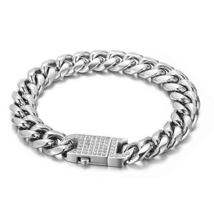 12mm Polished 2-Side Cut Curb Cuban Chain Bracelet Necklace with Zircon Push Button Box - kalen