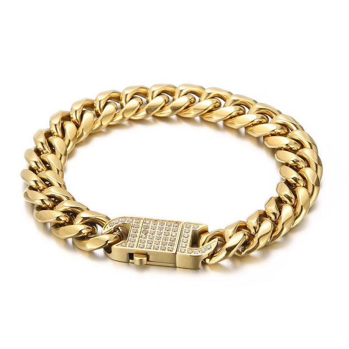 12mm Polished 2-Side Cut Curb Cuban Chain Bracelet Necklace with Zircon Push Button Box - kalen