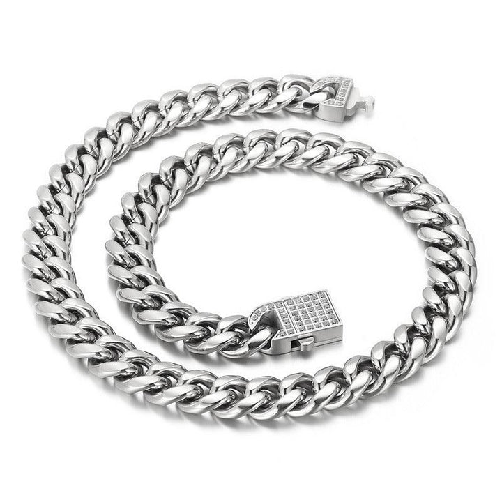 12mm Polished 2-Side Cut Curb Cuban Chain Bracelet Necklace with Zircon Push Button Box - kalen