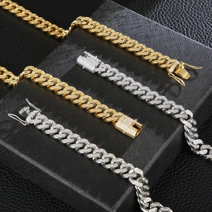 12mm Polished 2-Side Cut Curb Cuban Zircon Chain Bracelet Necklace with CNC Zircon Magnet Box Clap - kalen