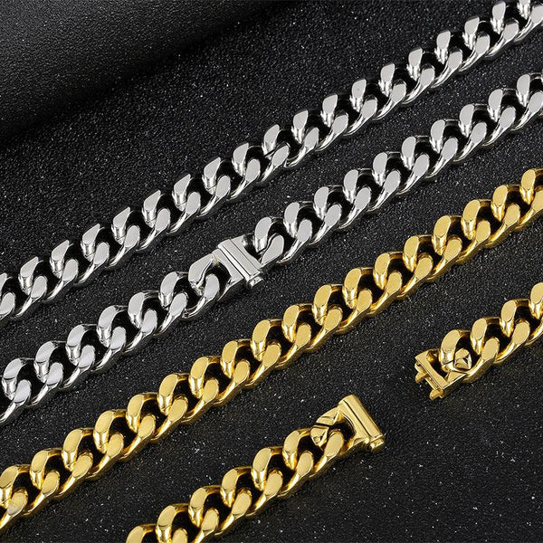 12mm Polished 4-Side Cut Curb Cuban Chain Bracelet Necklace with Button Clap - kalen