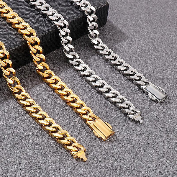 12mm Polished 4-Side Cut Curb Cuban Chain Bracelet Necklace with Push Button Buckle - kalen