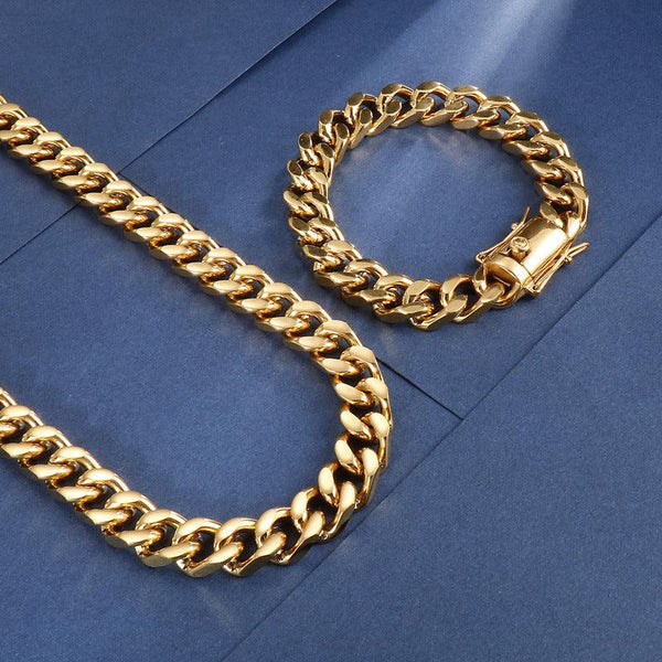 12mm Polished 4-Side Cut Curb Cuban Chain Bracelet Necklace with Push Button Lock Buckle - kalen