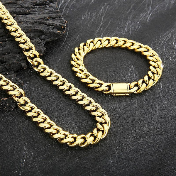 12mm Polished Miami Cuban Chain Bracelet Necklace Set with Box Clap - kalen