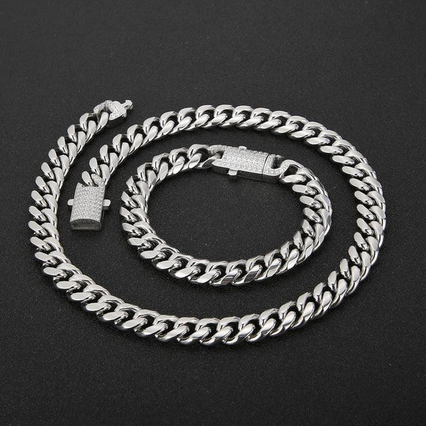 12mm Polished Miami Cuban Chain Bracelet Necklace Set with CNC Zircon Push Button Clap - kalen