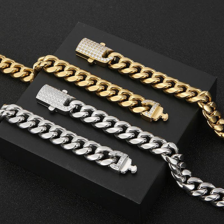 12mm Polished Miami Cuban Chain Bracelet Necklace Set with CNC Zircon Push Button Clap - kalen