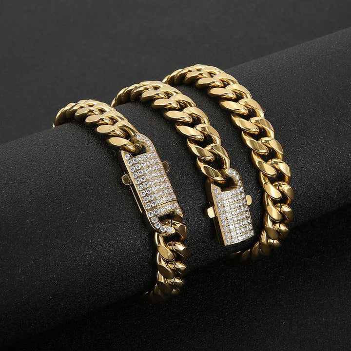 12mm Polished Miami Cuban Chain Bracelet Necklace Set with CNC Zircon Push Button Clap - kalen