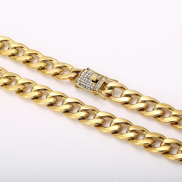 12mm Polished Miami Cuban Chain Necklace with Zircon Push Button Lock Clap - kalen