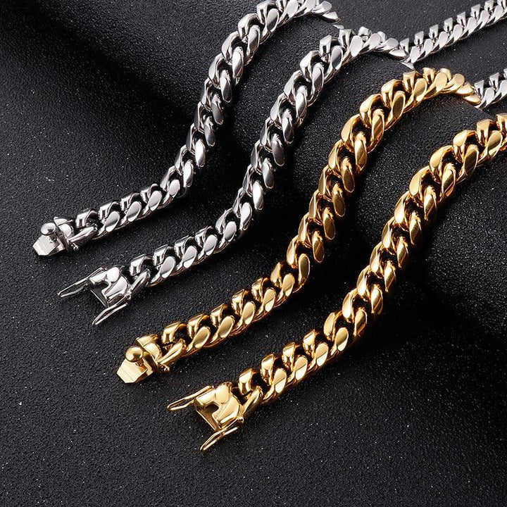 12mm Polished Miami Cuban Link Chain Bracelet Necklace Set With With Push Button Lock Clap - kalen