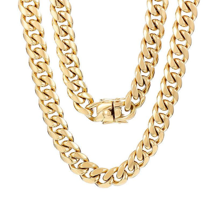 12mm Polished Miami Cuban Link Chain Bracelet Necklace Set With With Push Button Lock Clap - kalen