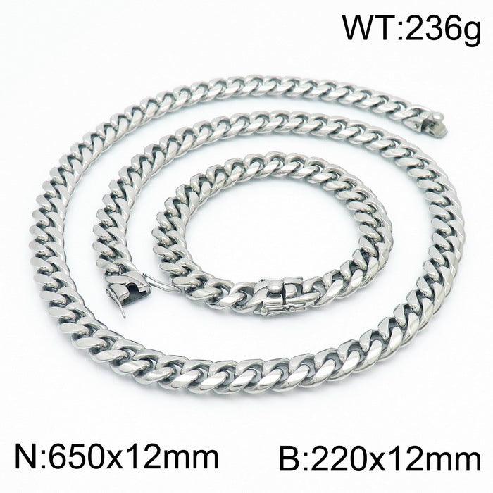 12mm Polished Miami Cuban Link Chain Bracelet Necklace Set With With Push Button Lock Clap - kalen