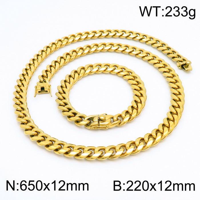 12mm Polished Miami Cuban Link Chain Bracelet Necklace Set With With Push Button Lock Clap - kalen