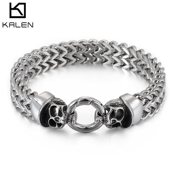 12mm Punk Foxtail Chain Stainless Steel Skull Charm Bracelet for Men - kalen