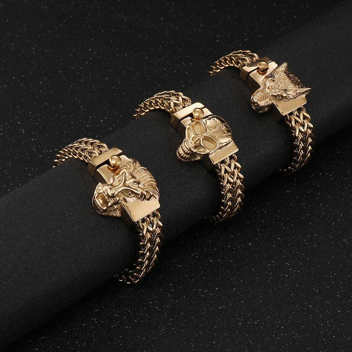 12mm Punk Foxtail Chain Stainless Steel Wolf Lion Skull Animal Charm Bracelet for Men - kalen