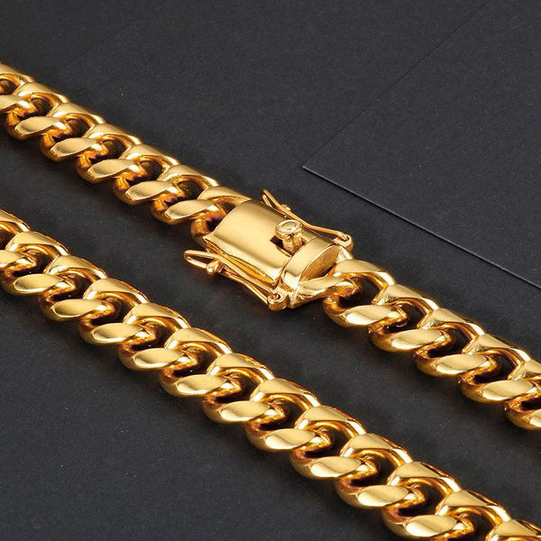 13/15mm Polished Miami Cuban Link Chain Bracelet Necklace Set With With Lock Push Button Clap - kalen