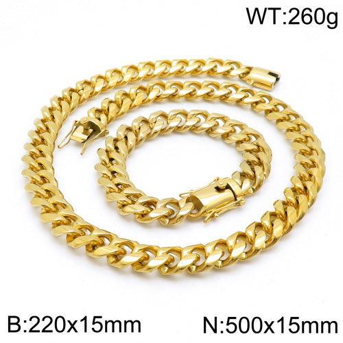 13/15mm Polished Miami Cuban Link Chain Bracelet Necklace Set With With Lock Push Button Clap - kalen