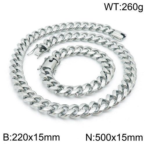 13/15mm Polished Miami Cuban Link Chain Bracelet Necklace Set With With Lock Push Button Clap - kalen