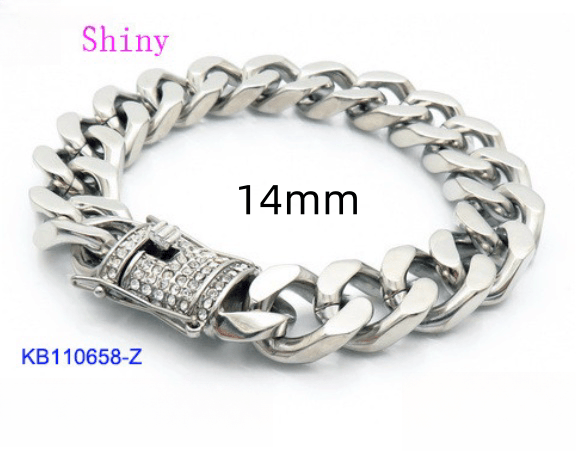 14mm Polished 4-Side Cut Curb Cuban Chain Bracelet Necklace with Push Button Lock Clap - kalen