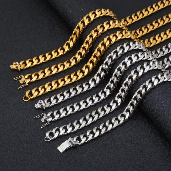 15mm Polished Miami Cuban Link Chain Bracelet Necklace Set With With Lock Zircon Push Button Clap - kalen