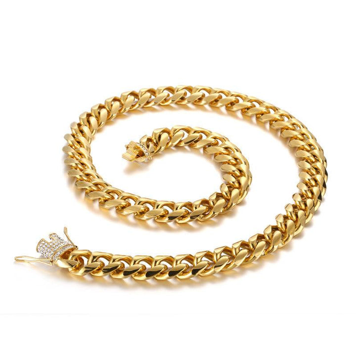 15mm Polished Miami Cuban Link Chain Bracelet Necklace Set With With Lock Zircon Push Button Clap - kalen