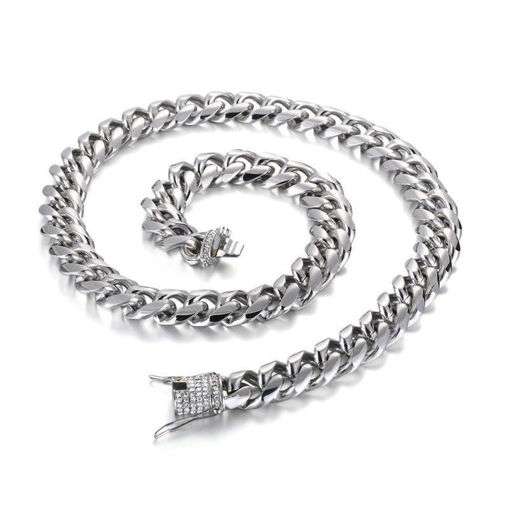 15mm Polished Miami Cuban Link Chain Bracelet Necklace Set With With Lock Zircon Push Button Clap - kalen