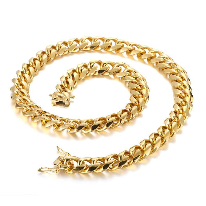 15mm Polished Miami Cuban Link Chain Bracelet Necklace Set With With Lock Zircon Push Button Clap - kalen