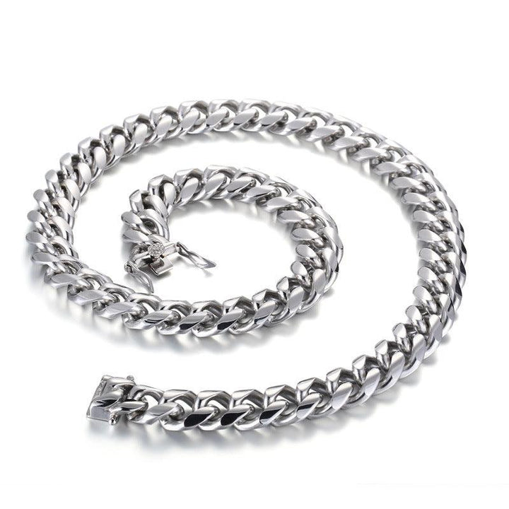 15mm Polished Miami Cuban Link Chain Bracelet Necklace Set With With Lock Zircon Push Button Clap - kalen