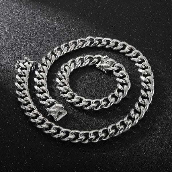 15mm Polished Miami Cuban Link Chain Bracelet Necklace Set With With Push Button Lock Clap - kalen