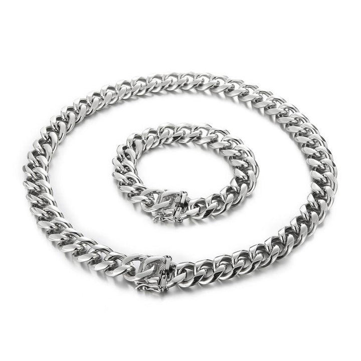 15mm Polished Miami Cuban Link Chain Bracelet Necklace Set With With Push Button Lock Clap - kalen