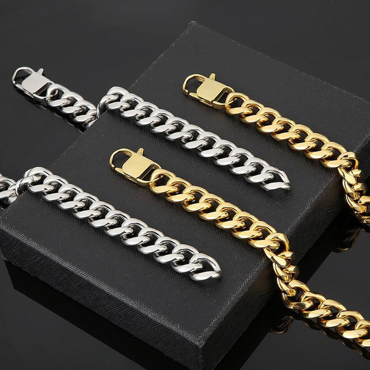 15mm Polished Miami Cuban Link Chain Necklace Bracelet Set With Lobster Clap - kalen