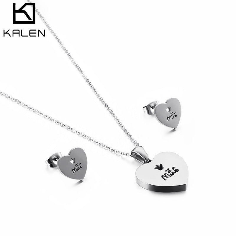 Kalen Stainless Steel Mother Pendant Necklace Earrings Jewelry Set For Women - view 1