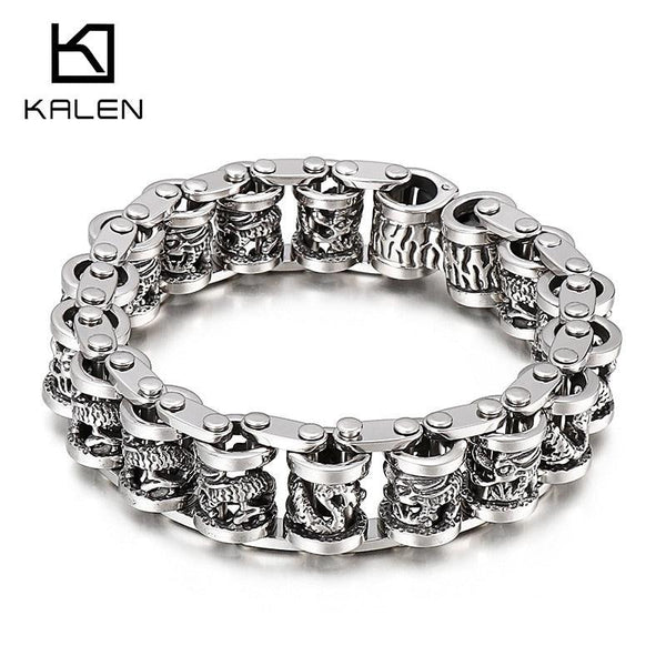 Kalen Vintage Ancient Dragon Totem 17mm Amulet Men's Bracelet Stainless Steel Jewelry.