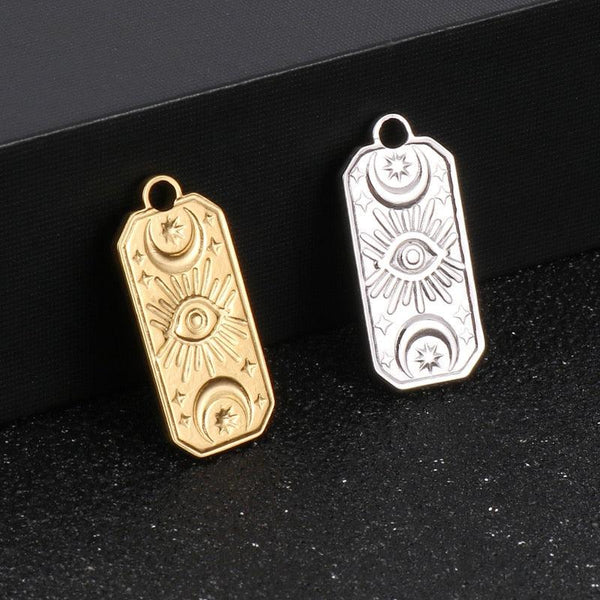 2 Pieces / Lot Stainless Steel Gold Medallion Rectangular Oendant Moon Star Sun Eye Pendant DIY Necklace Jewelry Making.